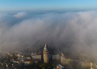 Foggy Galata Tower Drone Photo, Galata Beyoglu, Istanbul Turkey