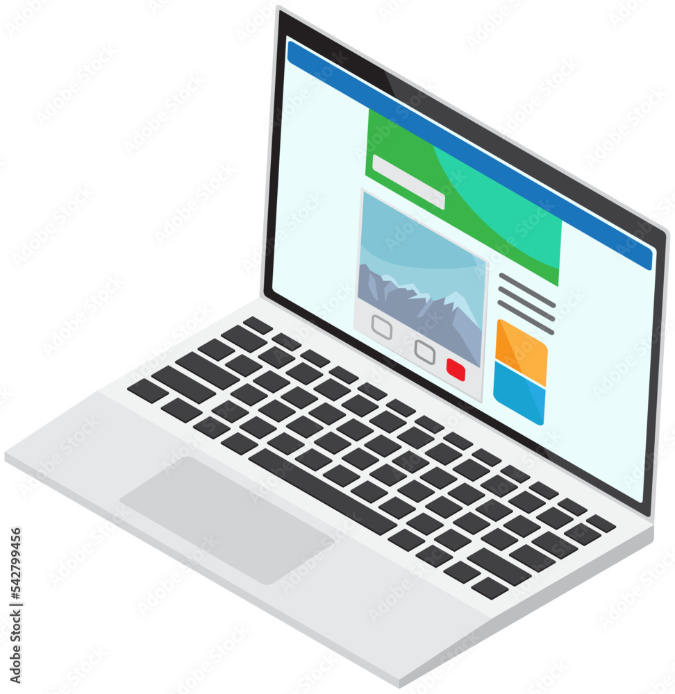 Poster computer web design on screen cartoon 3d style vector illustration of opened laptop with user interf