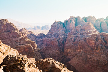 Wadi araba panorama from Petra landmark. Scenic mountains rock formations in Jordan middle east
