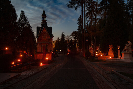 Lychakiv Cemetery State History and Culture Museum-Preserve in Lviv, Ukraine on All Saints' Day at night