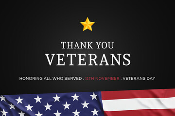 Thank you Veterans. Honoring all who served. Happy Veterans day. American flag on the back. Poster, wallpaper, background