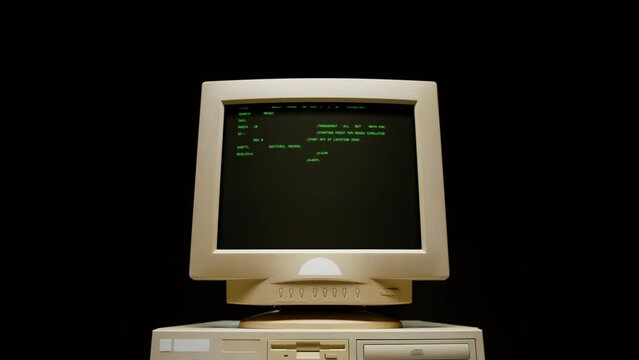 Retro pc with loading code console, programmer making scripts, green basic screen, Old computer studio close-up, Desktop vintage retro wave display, late 90s PC.