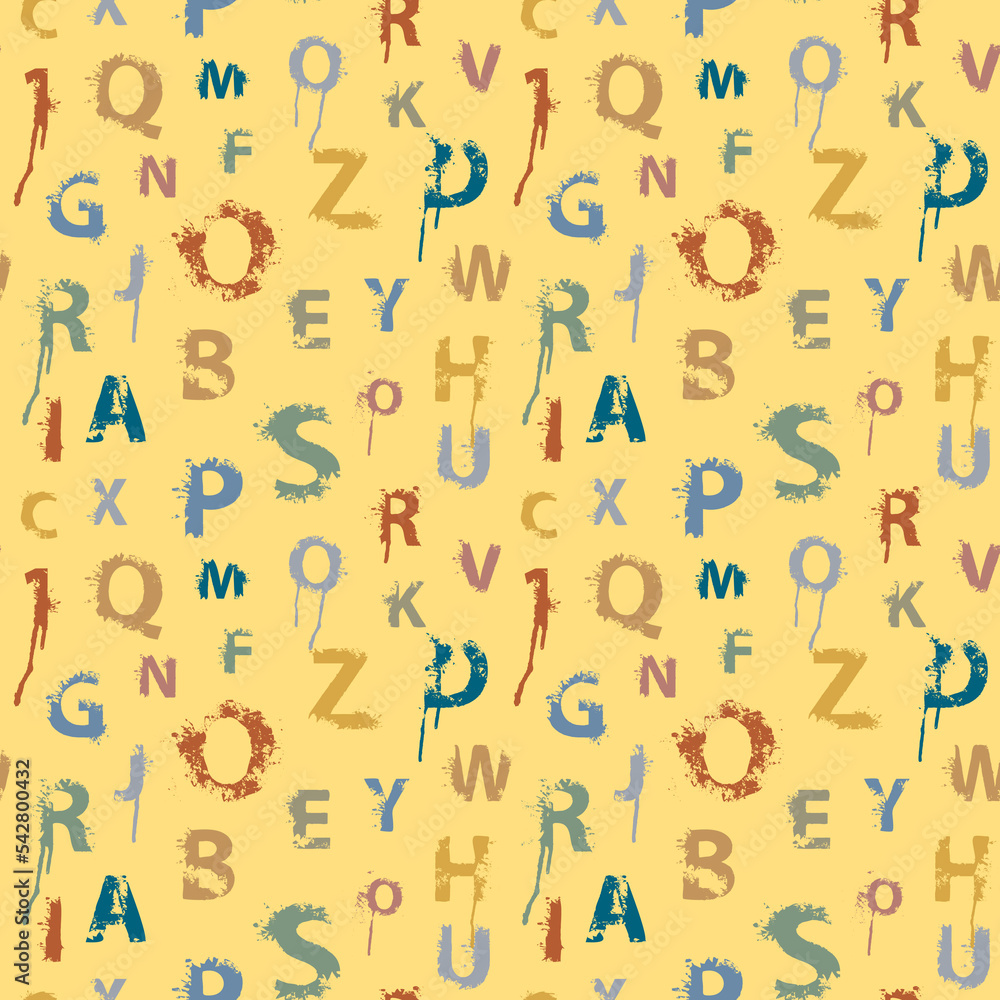 Poster seamless pattern with alphabet letters in form of colored paint splashes and blots. abstract vector 
