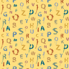 Seamless pattern with alphabet letters in form of colored paint splashes and blots. Abstract vector background with latin letters. Suitable for wallpaper, wrapping paper or fabric