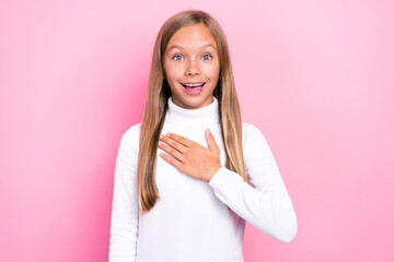 Photo of astonished cheerful person arm touch chest toothy smile unbelievable isolated on pink...