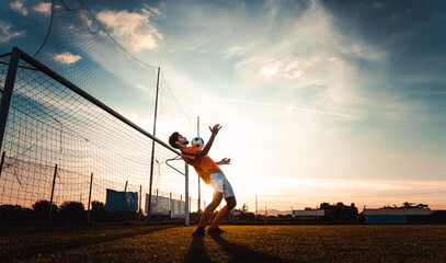 Soccer player in action on the soccer stadium - Man playing football on sunset - Football and sport...