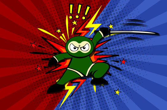 Cartoon ninja fighter versus. Vector illustration on comic background