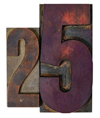 Isolated 25 in letterpress wood type of different sizes