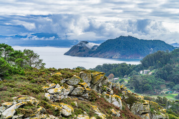 View of the Cies Islands in Galicia, Spain. National Park of the Atlantic Islands of Galicia.