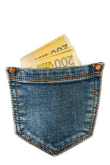 Money in the back pocket of jeans, isolated on white background. A stack of 200 euro bills in a jeans pocket. . The concept of investment, cash, wealth and profit