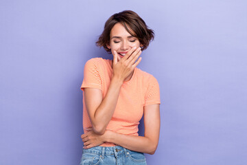 Closeup photo of young pretty cute nice woman wear pink t-shirt laughter comic joke good mood...