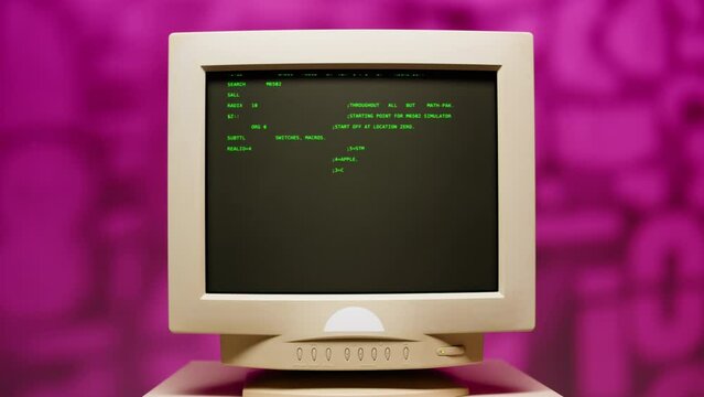 Retro pc with loading code console, programmer making scripts, green basic screen, Old computer studio close-up, Desktop vintage retro wave display, late 90s PC.
