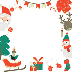Christmas greeting card frame with traditional symbols - Snowman, Santa, Reindeer, Tree, Gifts and Sleigh. Vector illustration in flat cartoon style, isolated on white background.