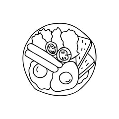 Fried eggs with sausages, vegetables and toasted bread on plate doodle illustration in vector. Hand drawn illustration of fried eggs with sausages, vegetables and toasted bread on plate. Breakfast.