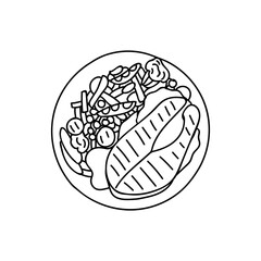 Grilled salmon with vegetables on plate doodle illustration in vector. Fried salmon with vegetables hand drawn illustration. Meal with fried sea food doodle illustration
