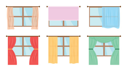 Set of colorful curtains in cartoon style. Vector illustration of various curtains for windows for home interiors on white background. © MVshop