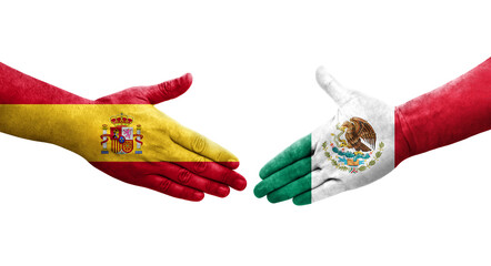 Handshake between Mexico and Spain flags painted on hands, isolated transparent image.