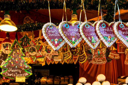Gingerbread cookies and sweets at Christmas market in Vienna, Austria.