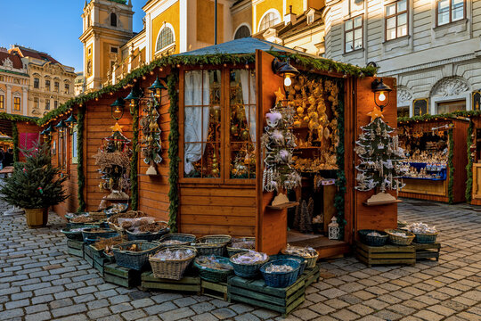 Wooden kiosk with handmade Christmas decorations in Vienna, Austria.