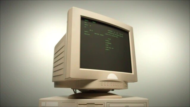Retro pc with loading code console, programmer making scripts, green basic screen, Old computer studio close-up, Desktop vintage retro wave display, late 90s PC.