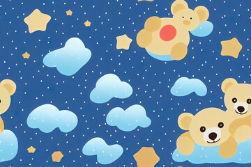 Fototapeta premium Cute teddy bear is sitting on the cloud and catching stars seamless pattern design 2d illustrated illustration kids fashion artworks baby graphics for wallpapers and prints.