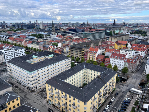 Aerial cityscape view from Our Saviour's Church (Vor Frelsers Kirke) towards city centre, Copenhagen, Zealand, Denmark