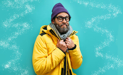 The frozen man is shivering from the cold, a frozen face covered with frost, he wears a jacket with...