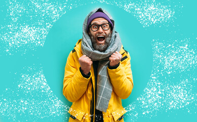 The frozen man is shivering from the cold, a frozen face covered with frost, he wears a jacket with...