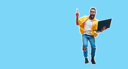 Jumping, running crazy programmer, web developer or designer holding laptop in hands and pointing...