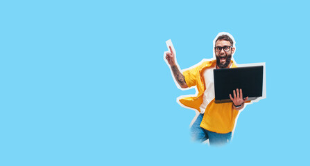 Jumping, running crazy programmer, web developer or designer holding laptop in his hands and pointing to your text. Discount, sale, season sales. Shocked or surprised facial expression.