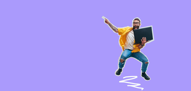 Jumping, running programmer, web developer or designer holding laptop in hands and pointing to your text. Discount, season sales. Shocked or surprised facial expression. Funny promotion poster.
