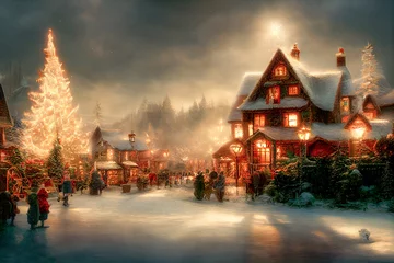 Fotobehang Kerstdorp met sneeuw in vintage stijl. Winterdorp landschap. Kerstvakantie. Kerstkaart. 3D illustratie © Viks_jin