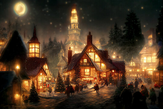 Christmas village with Snow in vintage style. Winter Village Landscape. Christmas Holidays. Christmas Card. 3d illustration

