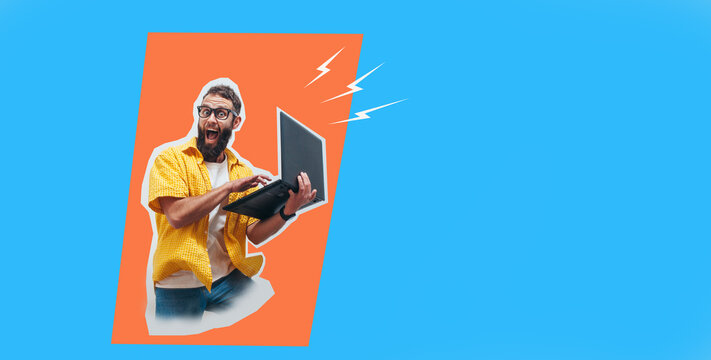 Jumping, running crazy programmer, web developer or designer holding laptop in his hands. Discount, sale, season sales. Shocked or surprised facial expression. Funny promotion poster.