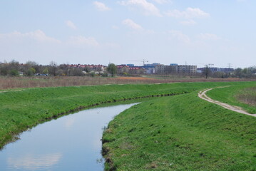 Fototapeta premium a river flowing in an arc, grassy embankments, plain, distant buildings