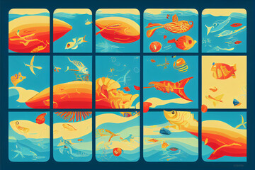 Fototapeta na wymiar Seaside grid of seaside very colorfull illustrations of fishes ans water