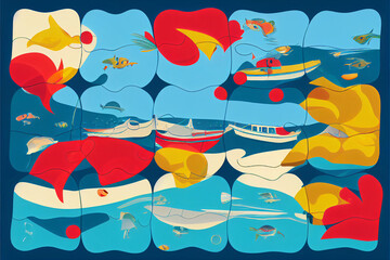 Seaside grid of seaside illustrations colorfull with boats