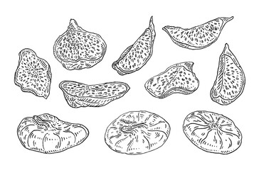 Whole and slice dry fig. Vector black vintage engraving