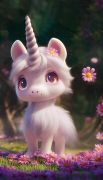 Fototapeta Focus shot of a baby unicorn standing on a bed of pink flowers