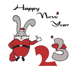 Happy New Year 2023, cheerful funny rabbit, cute character. Wild animal cartoon drawing vector