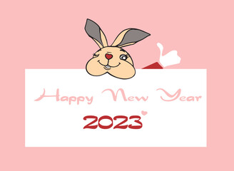 Happy New Year 2023, cheerful funny rabbit, cute character. Wild animal cartoon drawing vector