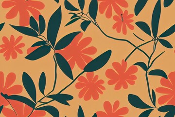 Tropic Plants and Flowers silhouette in orange pink background pattern. 2d illustrated seamless pattern design for textile fashion paper packaging and branding.