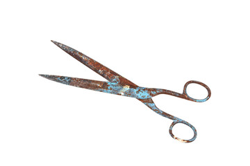 vintage rusty scissors isolated on white background