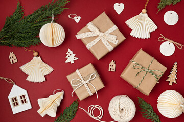 Christmas background with gift boxes and sustainable ornaments. Xmas celebration, preparation for...