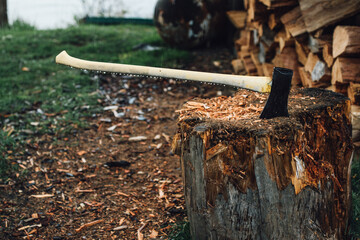 ax stuck in the stump chopping wood in the rain