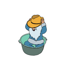 Cute gnome is going to wash up. A little gray-haired old man is sitting in the bathroom. Vector illustration in the style of doodles.