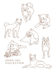 Shiba Inu Dog Outline Illustrations in Various Poses