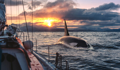 Orca Killerwhale traveling on ocean water with sunset Norway Fiords on winter background - obrazy, fototapety, plakaty