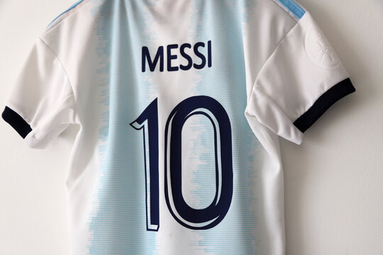 Argentina soccer jersey. Lionel Messi shirt. Number 10. light blue and white. AFA logo. Argentine Football Association. Adidas. Shield. Soccer player. T shirt. Stock Foto Adobe Stock