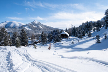 Fototapeta na wymiar Panorama of deep snowy winter landscape with ski tracks in deep snow leading to chalets